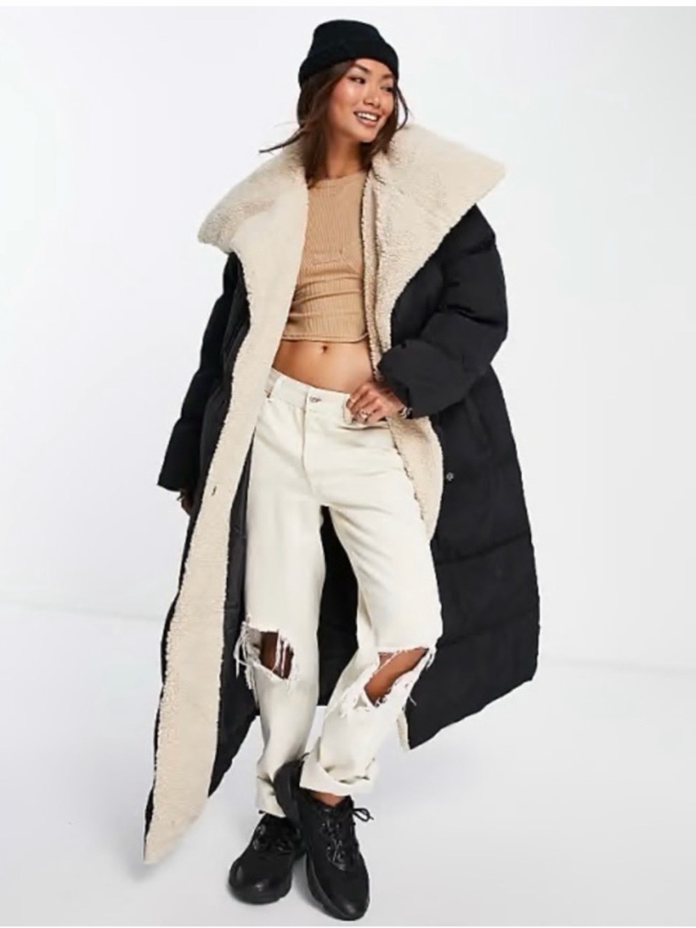 ASOS DESIGN borg collared puffer parka maxi snap front sherpa black size 8